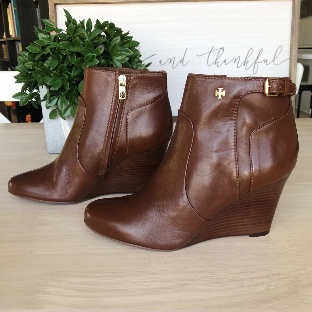 New Tory Burch Brown Leather Wedge Ankle Boots